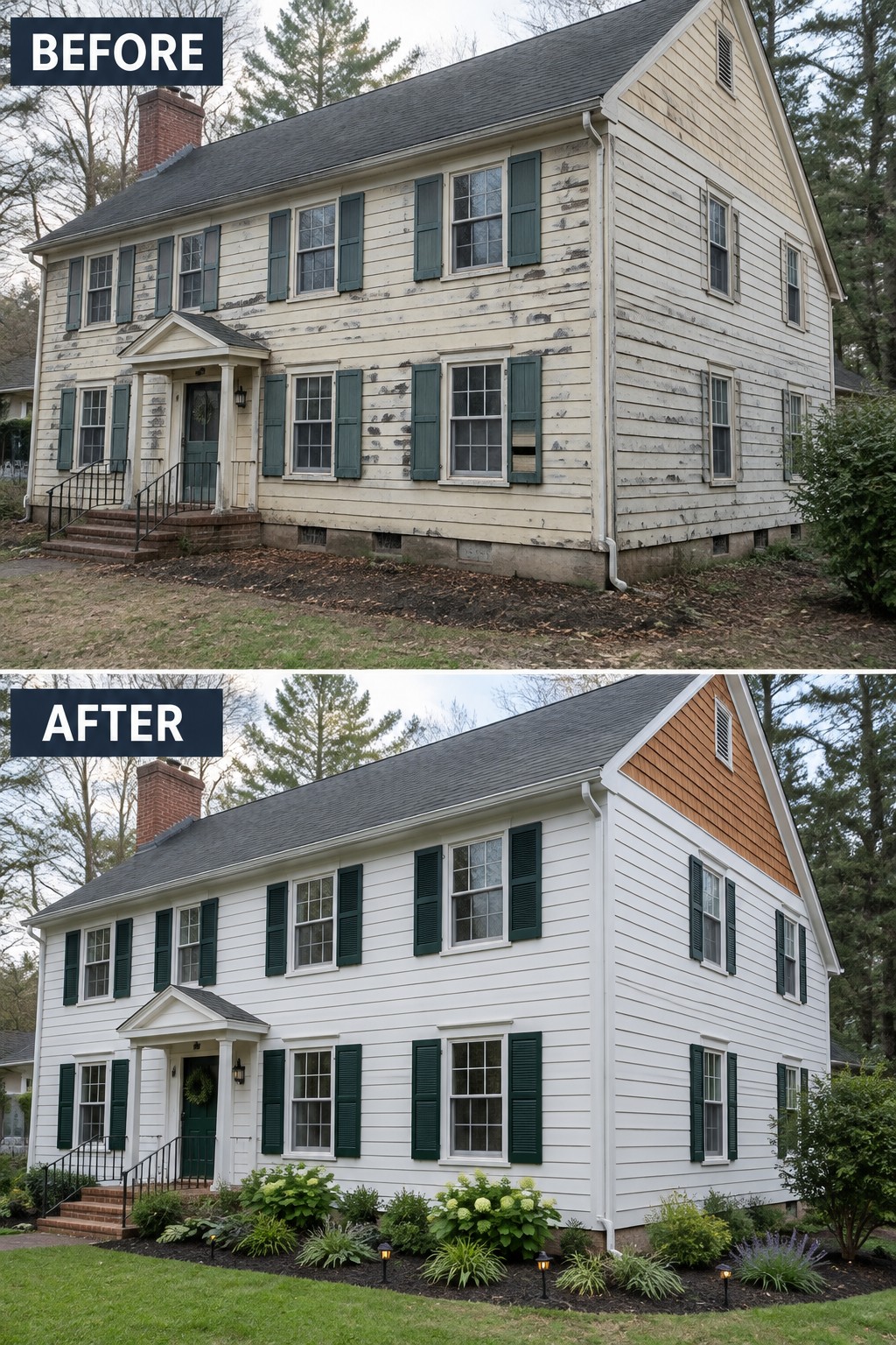 Before-and-after house renovation: weathered siding to fresh white paint with landscaping