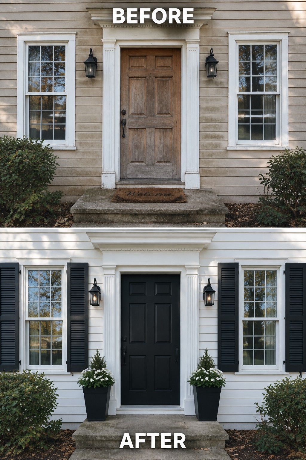 Before-and-after of front door: brown on beige house to black on white house with shutters