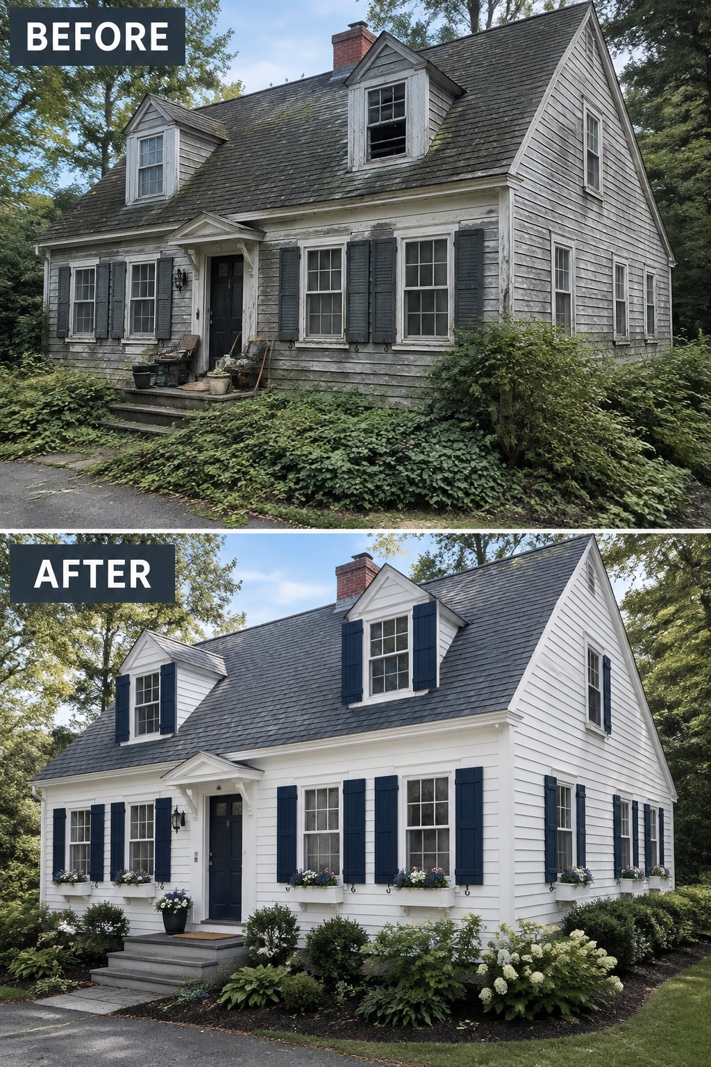 Split view of dilapidated gray house above renovated white house with blue shutters and flowers.