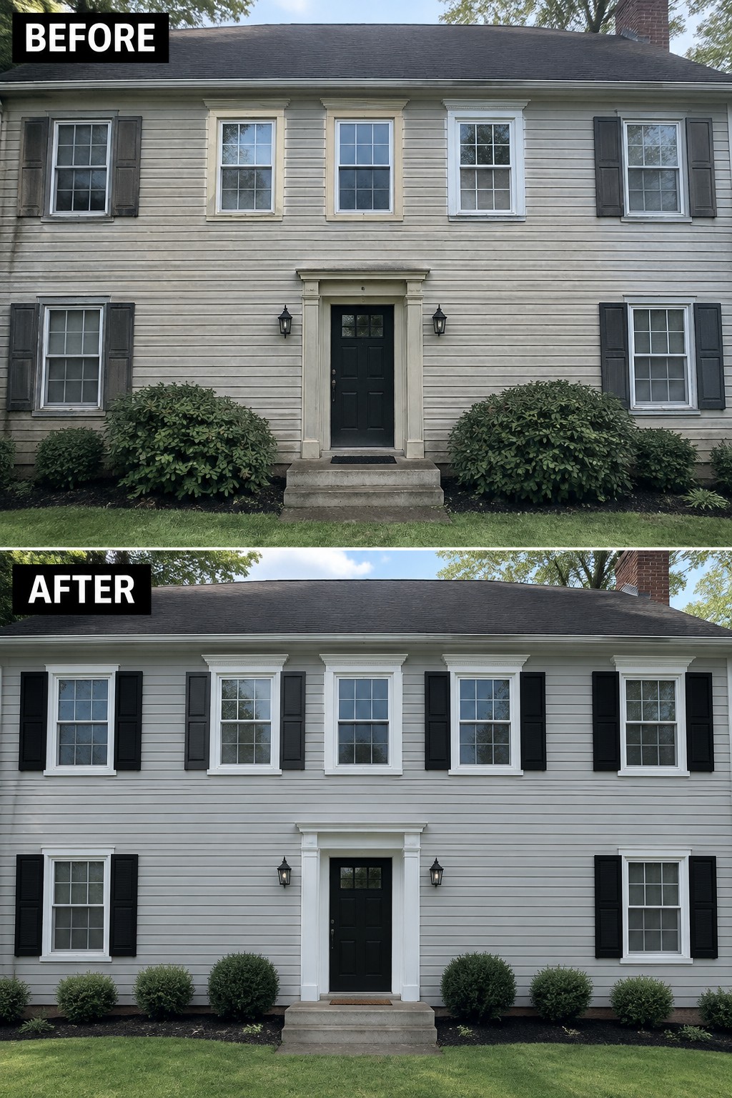 Before and after of gray house with new black shutters, white trim, and landscaping.