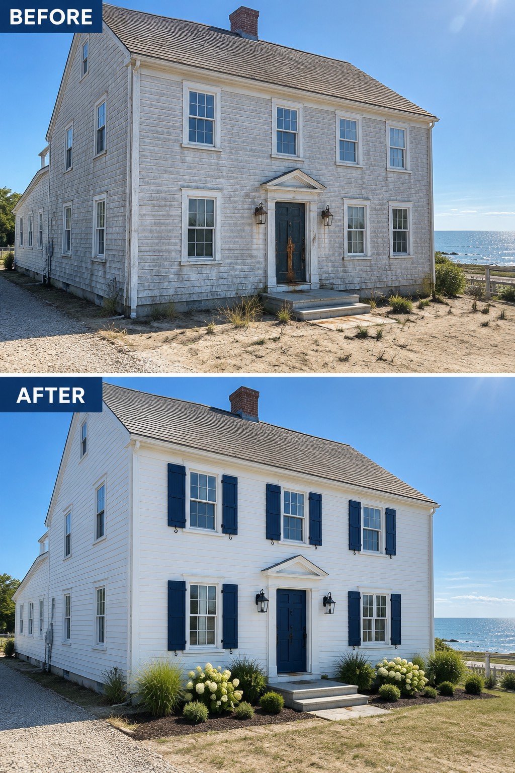 Before-and-after views of a weathered gray coastal house repainted white with blue shutters and landscaping.