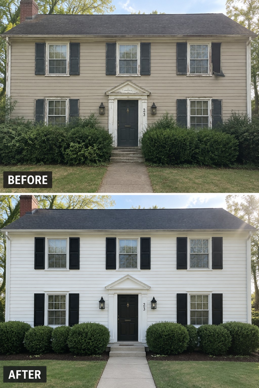 Before and after of beige house repainted white with black shutters and fresh landscaping.
