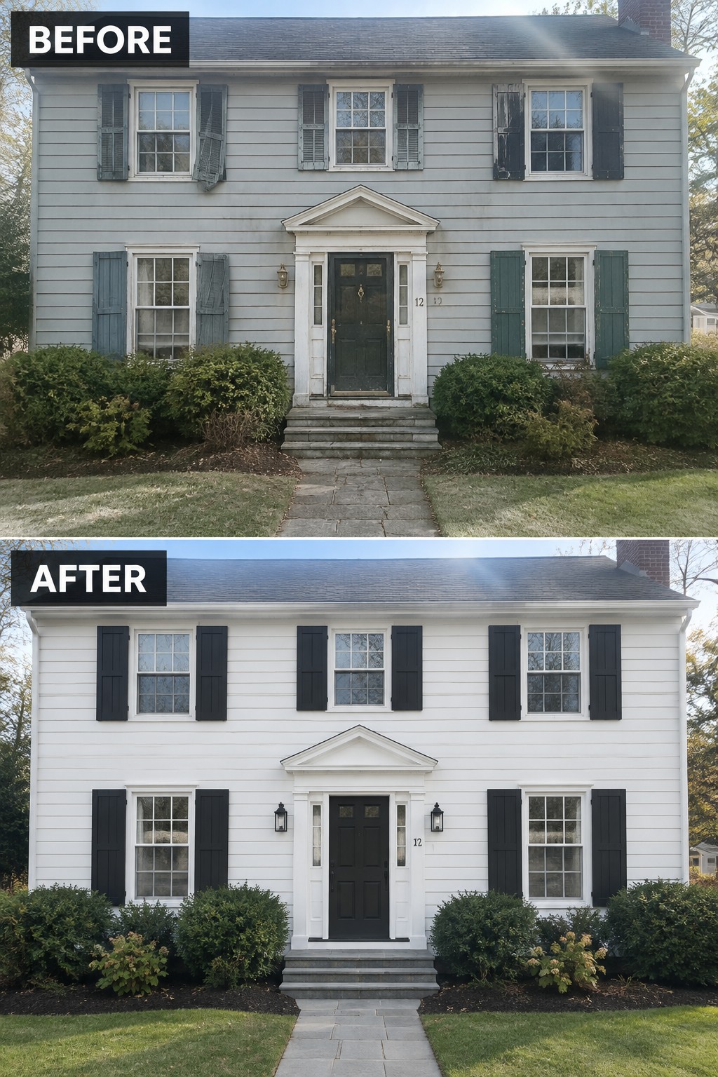 Before-and-after views of house exterior repainted white with uniform black shutters