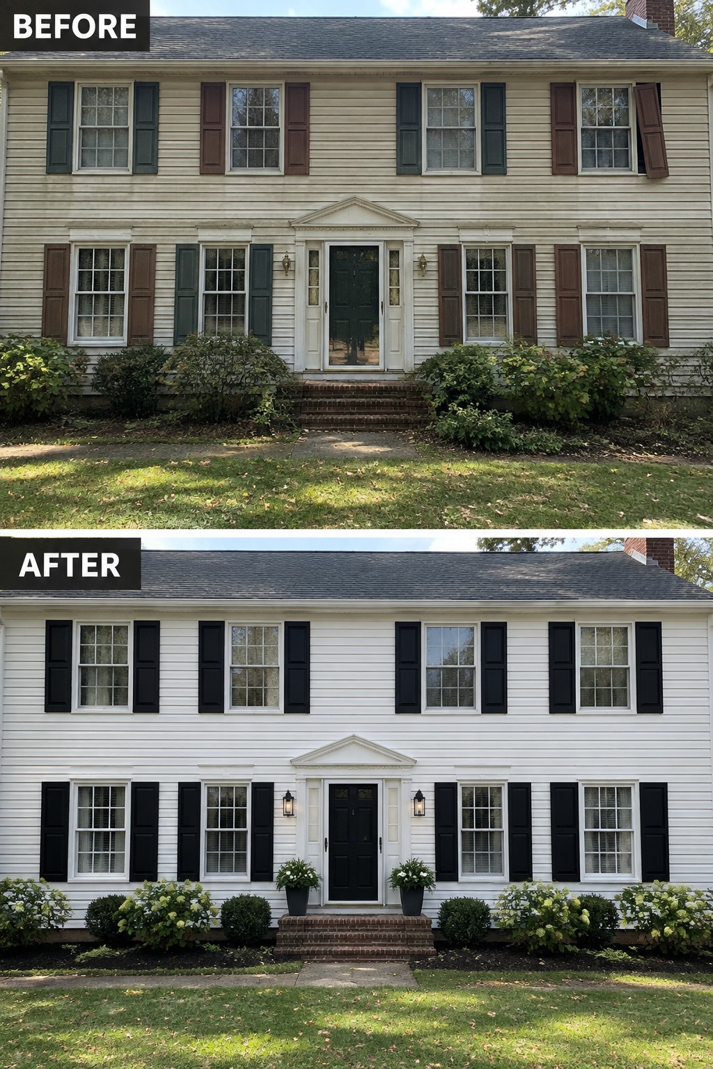 Before-and-after image of a colonial house exterior changed from beige siding with mismatched shutters to white paint with uniform black shutters and tidied landscaping.