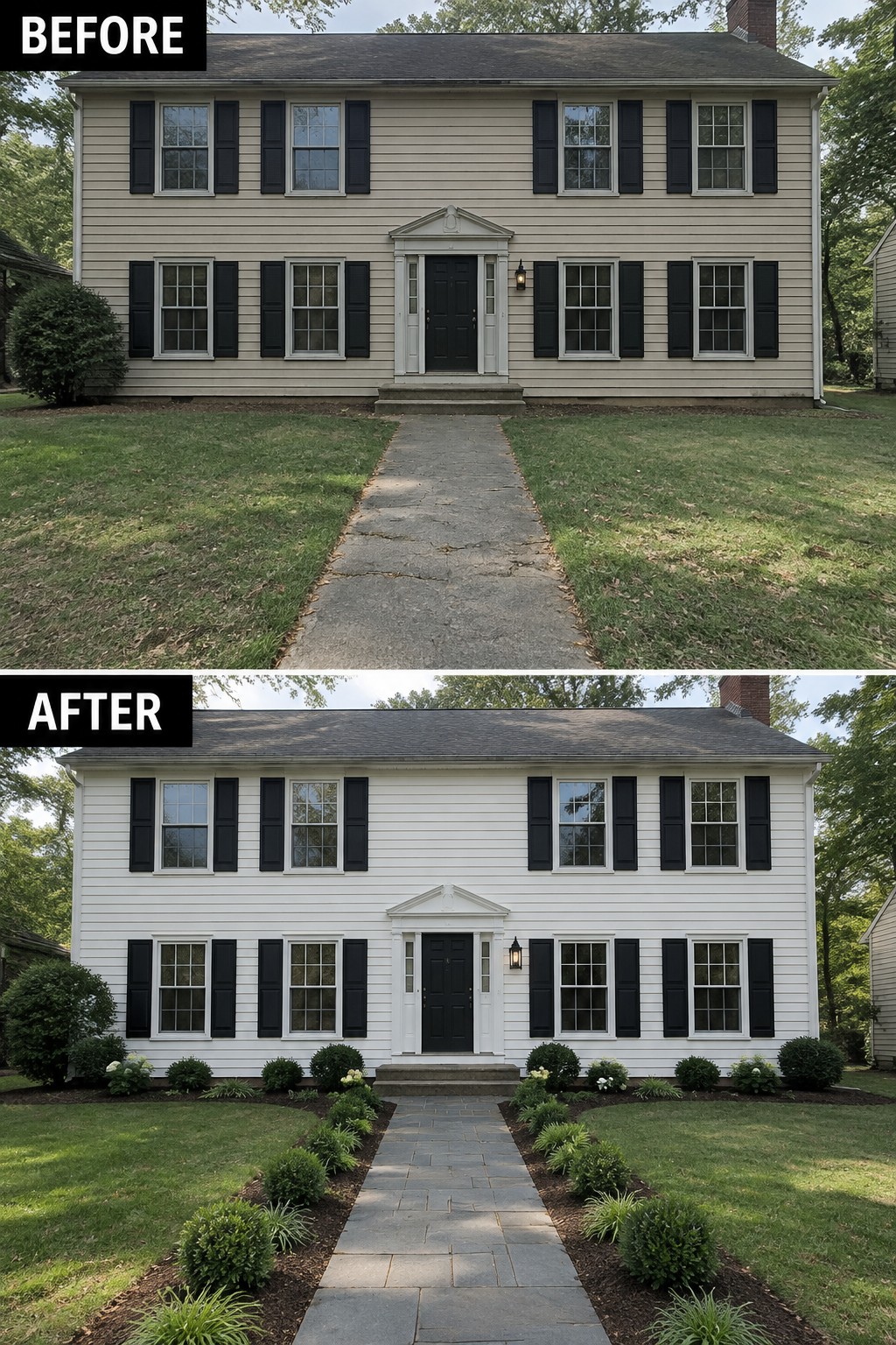 Before-and-after image of a colonial house exterior changed from beige siding to white paint with dark shutters, plus a new stone walkway and added garden beds.