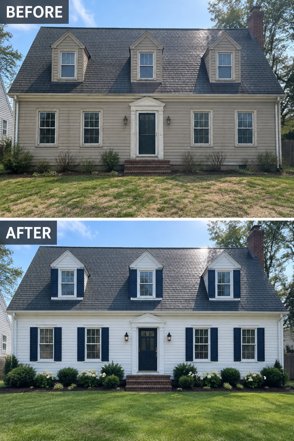 Before and after colonial house with new white paint, blue shutters, and landscaping