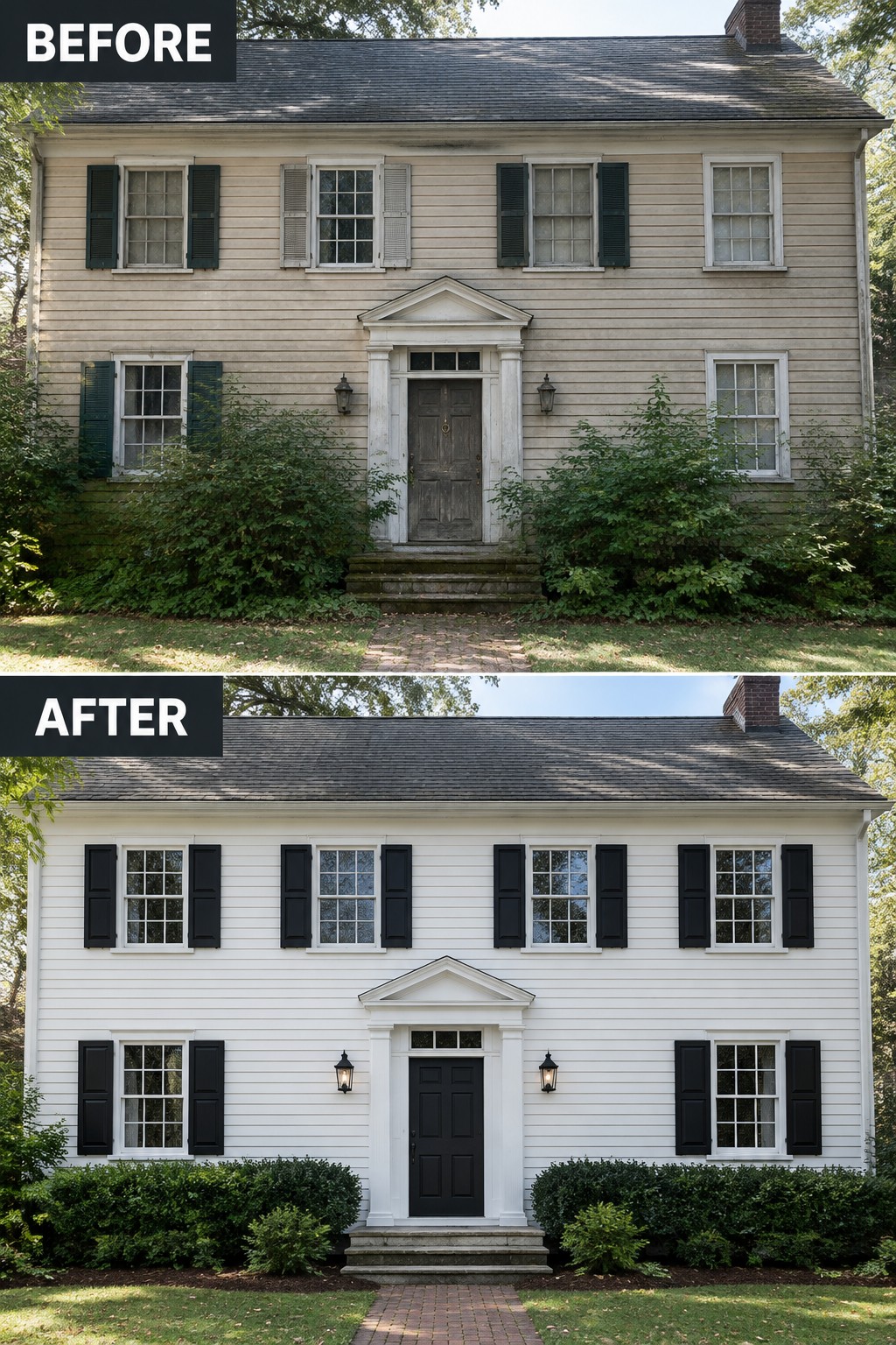 Before-and-after image of a colonial house exterior updated with white paint, black shutters, and a black front door.