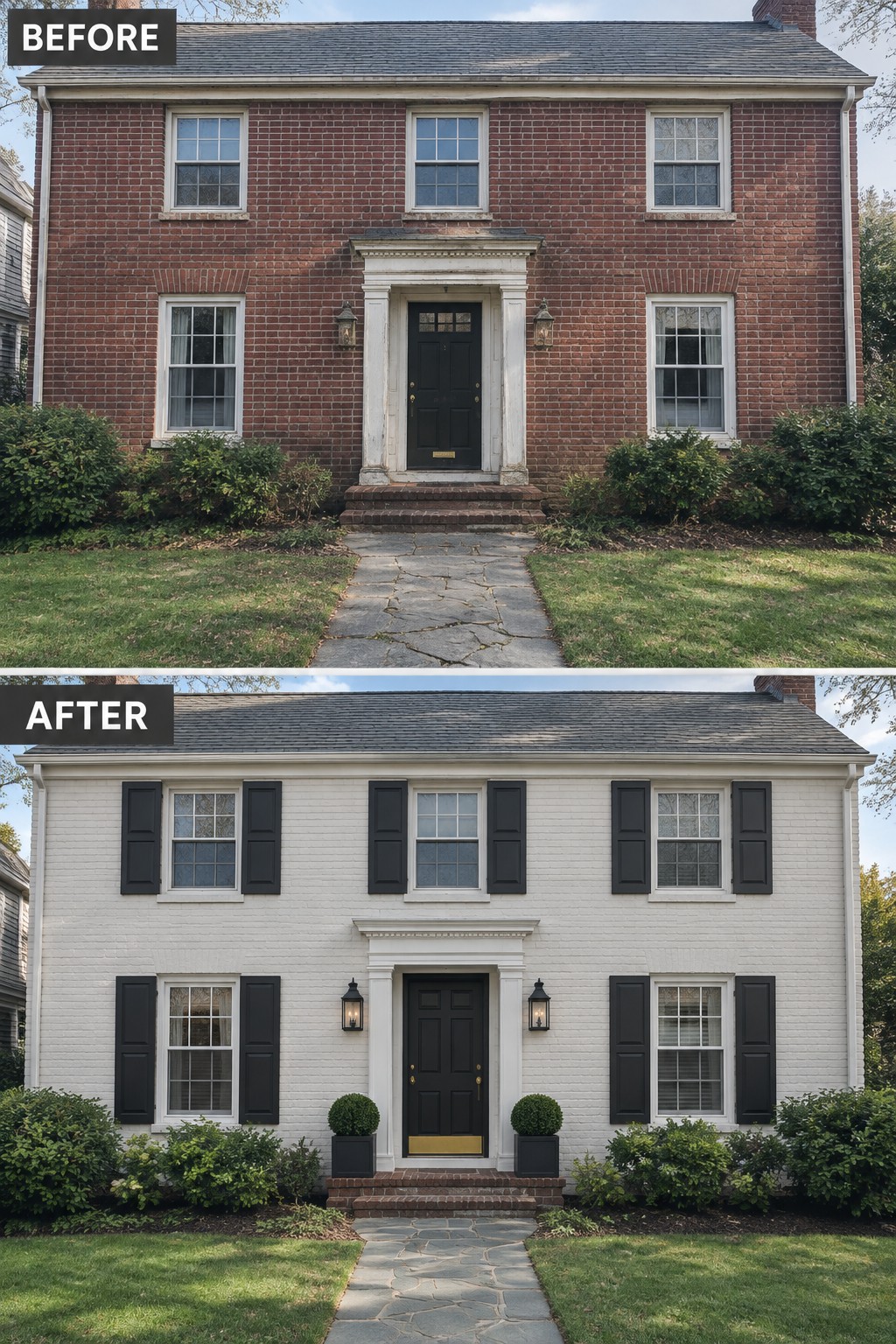 Before-and-after views of red brick house painted white with black shutters added.