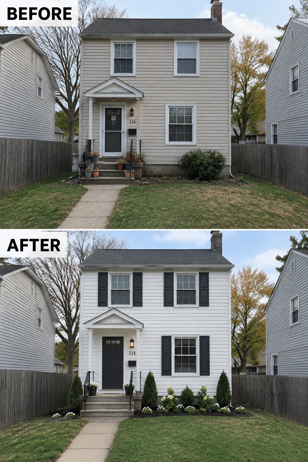 Before-and-after image of a beige colonial house repainted white with black shutters added to the windows and updated landscaping.