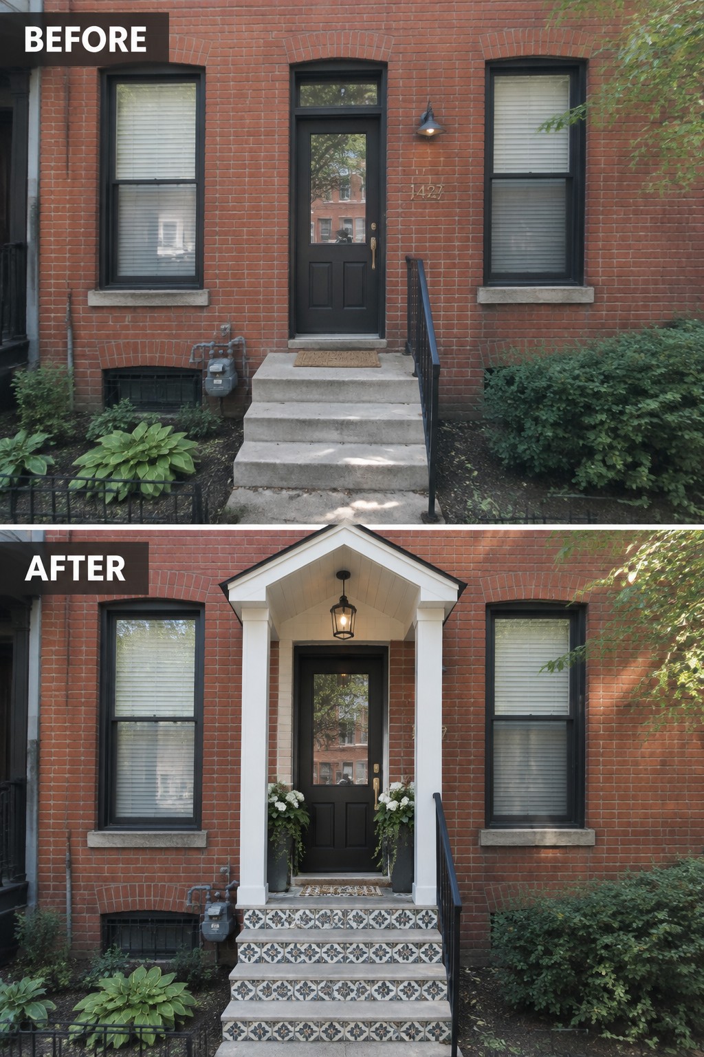 Before and after of red brick house with new white porch and tiled steps
