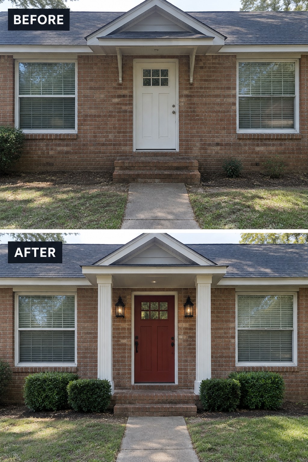 Before-and-after photos of brick house entrance with white door changed to red and added columns.