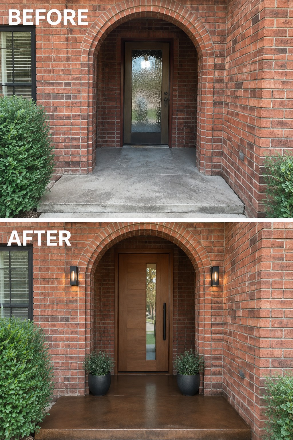 Before-and-after image of a brick home entry updated with wall sconces, potted plants, and a new front door.