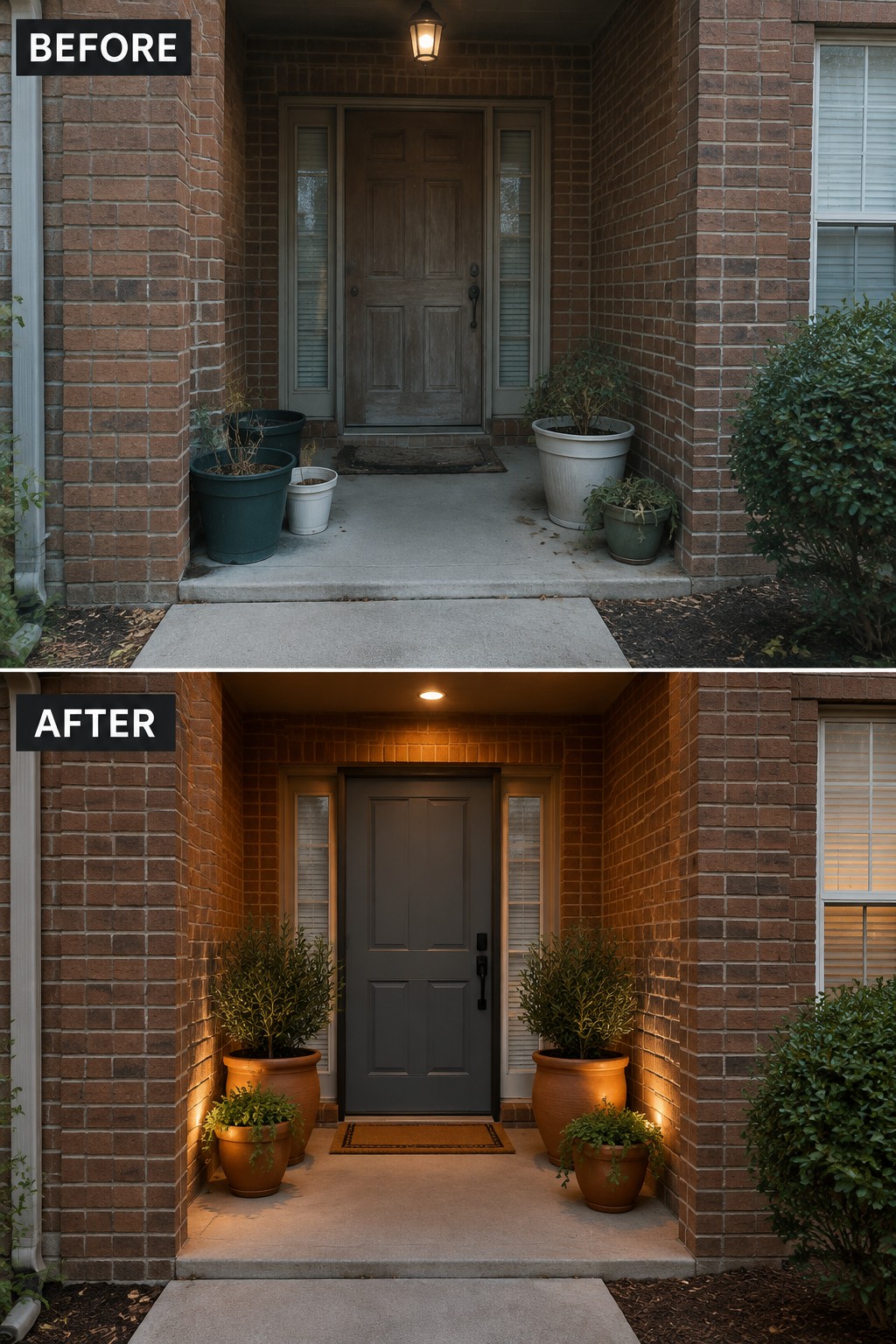 Before-and-after image of a brick home front entry showing mismatched planters replaced with matching terracotta pots and added lighting around a newly painted dark door.
