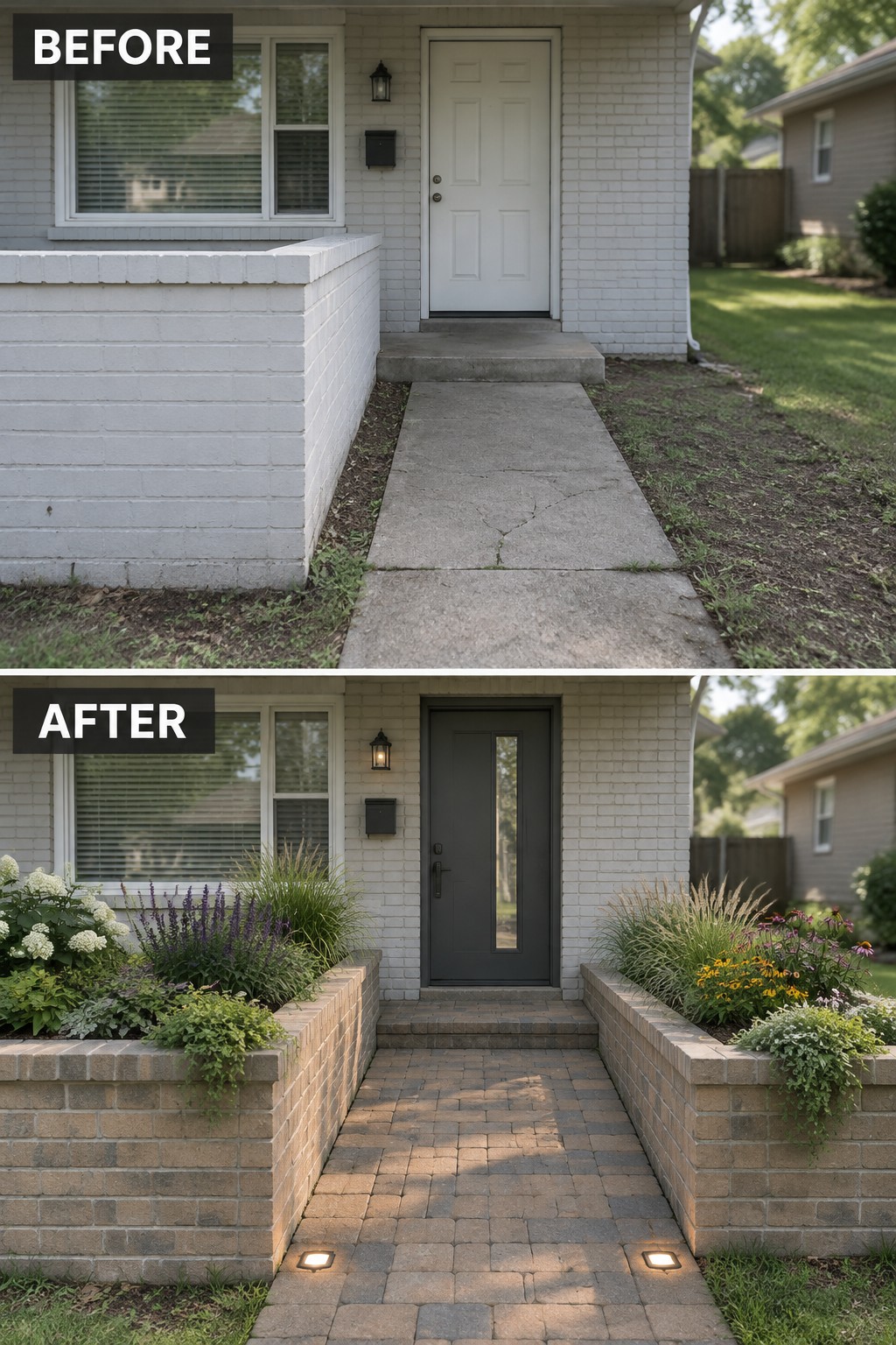 Before and after house entrance with new door, brick path, and flower planters