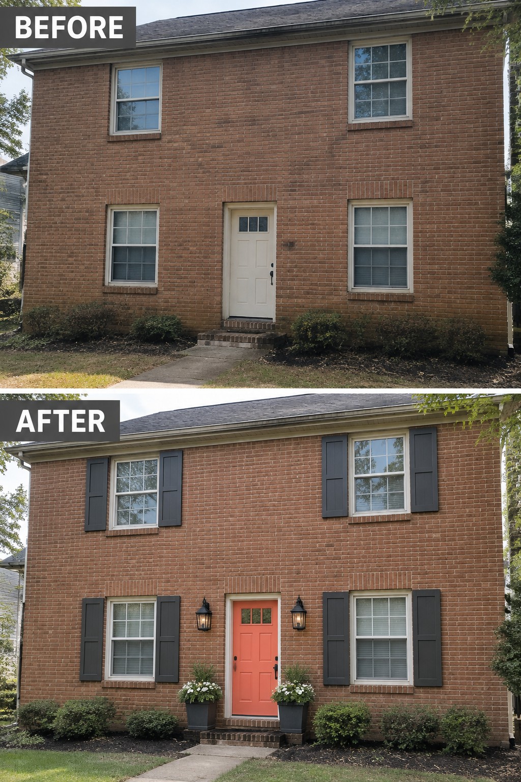 Before-and-after image of a brick house exterior updated with dark gray shutters, a coral front door, lanterns, and planters.