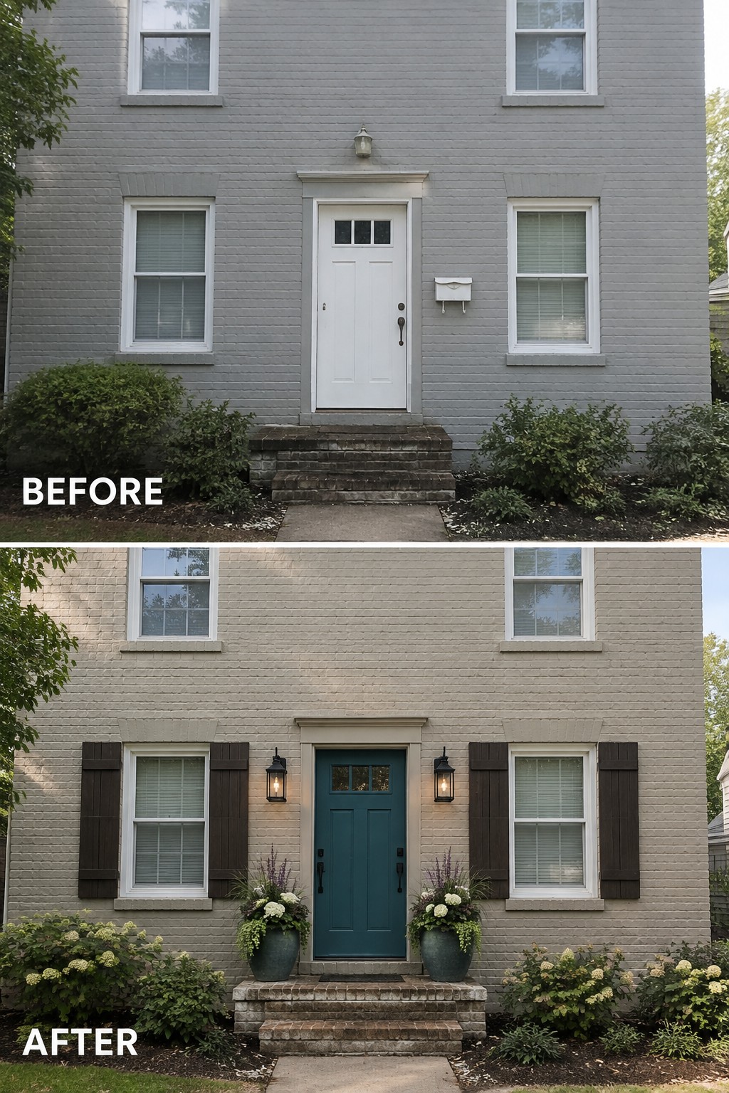 Before-and-after image of a gray painted brick house updated with a lighter brick color, teal front door, dark shutters, and new entry lighting.
