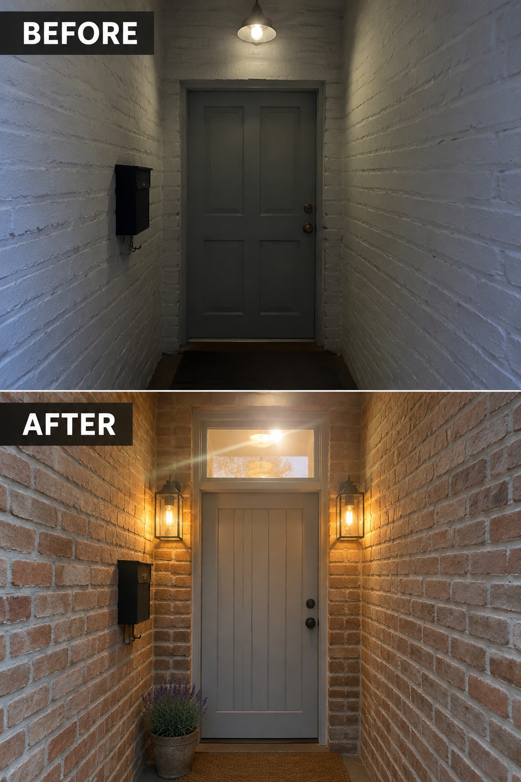 Before-and-after entryway with gray door, white brick walls upgraded to red brick with lanterns and plant