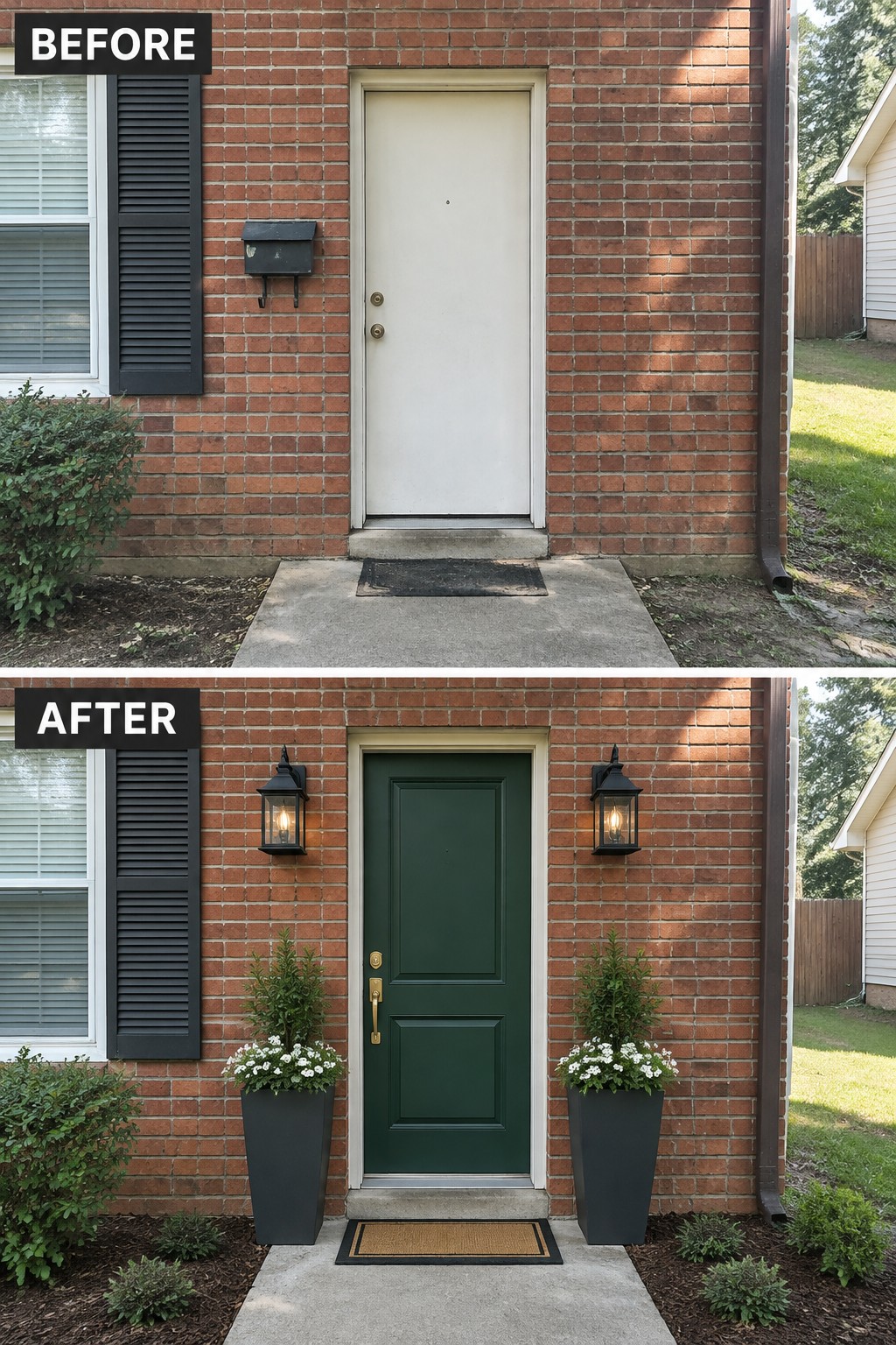 Before-and-after image of a brick home front entry with a white door changed to dark green, flanked by black lanterns and planters.