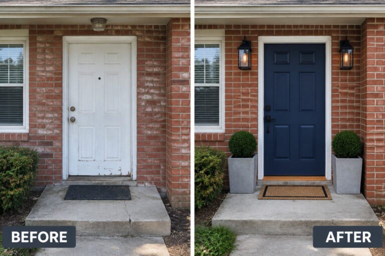 Before-and-after red brick entrance with door painted navy blue, flanked by lights and planters.