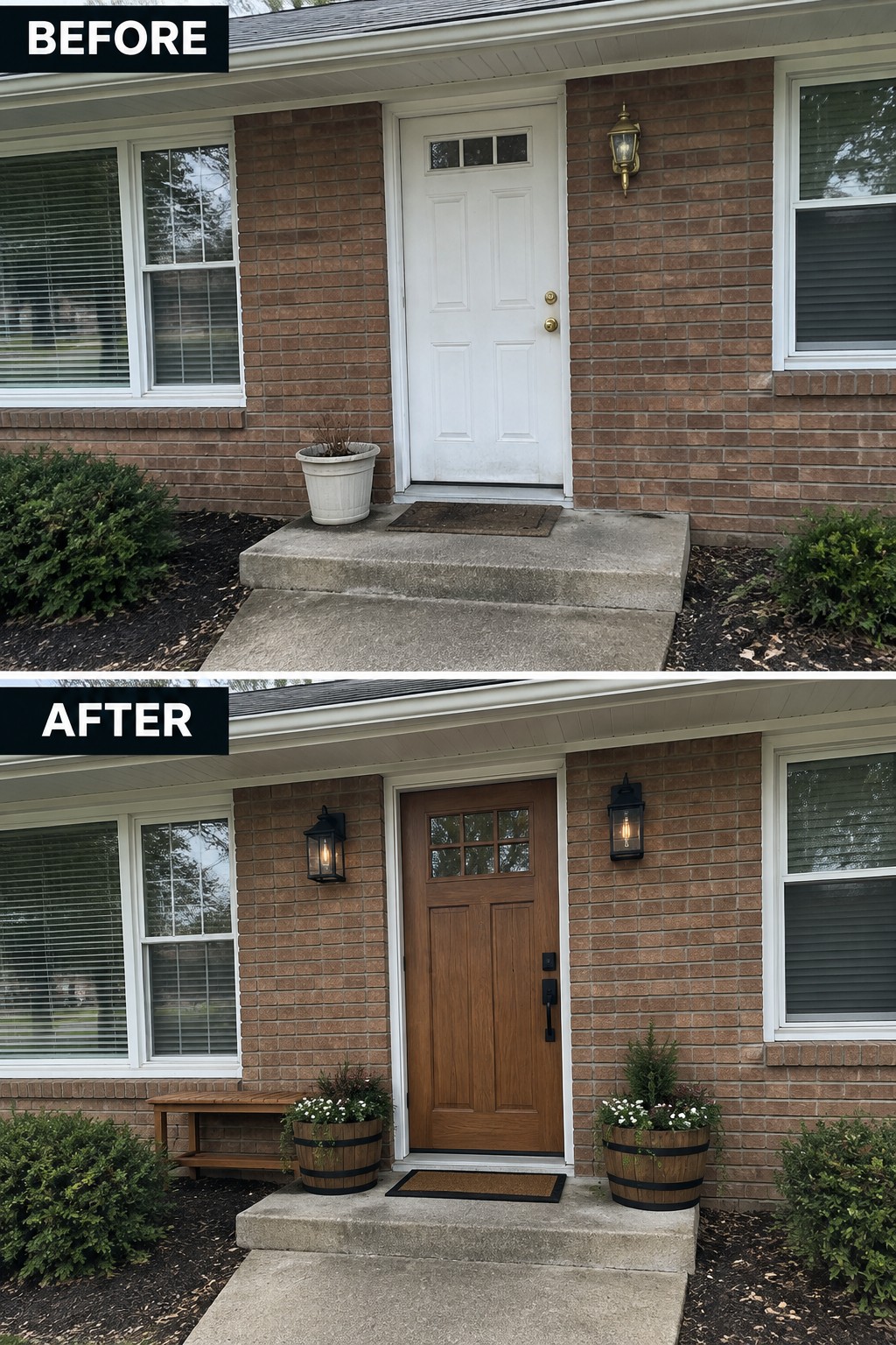 Before-and-after views of brick home entrance with new brown door and planters.