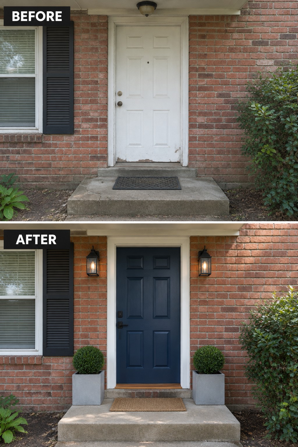 Before-and-after red brick entrance with door painted navy blue, flanked by lights and planters.