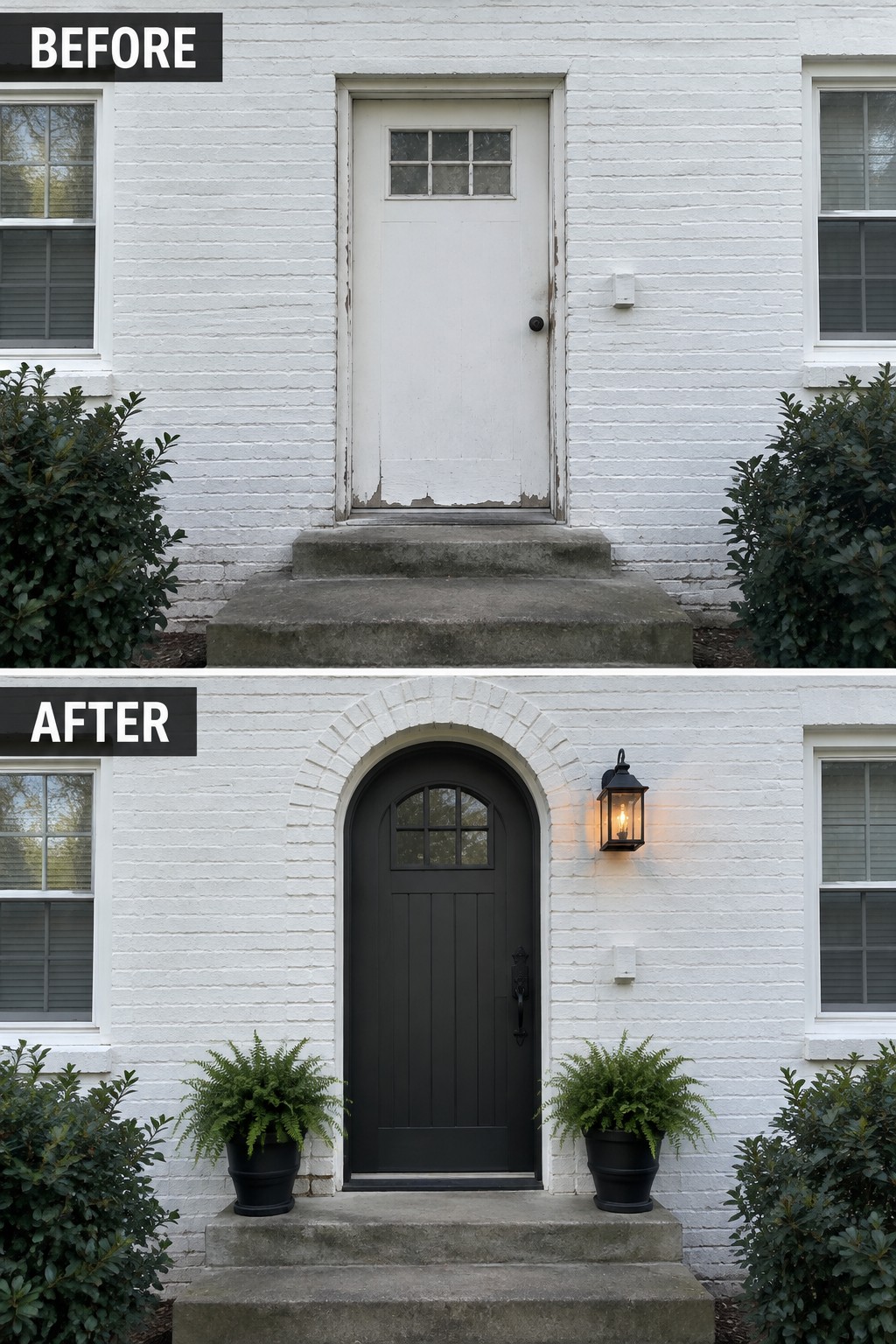 Split image of white brick house door before white and after black arched with potted ferns