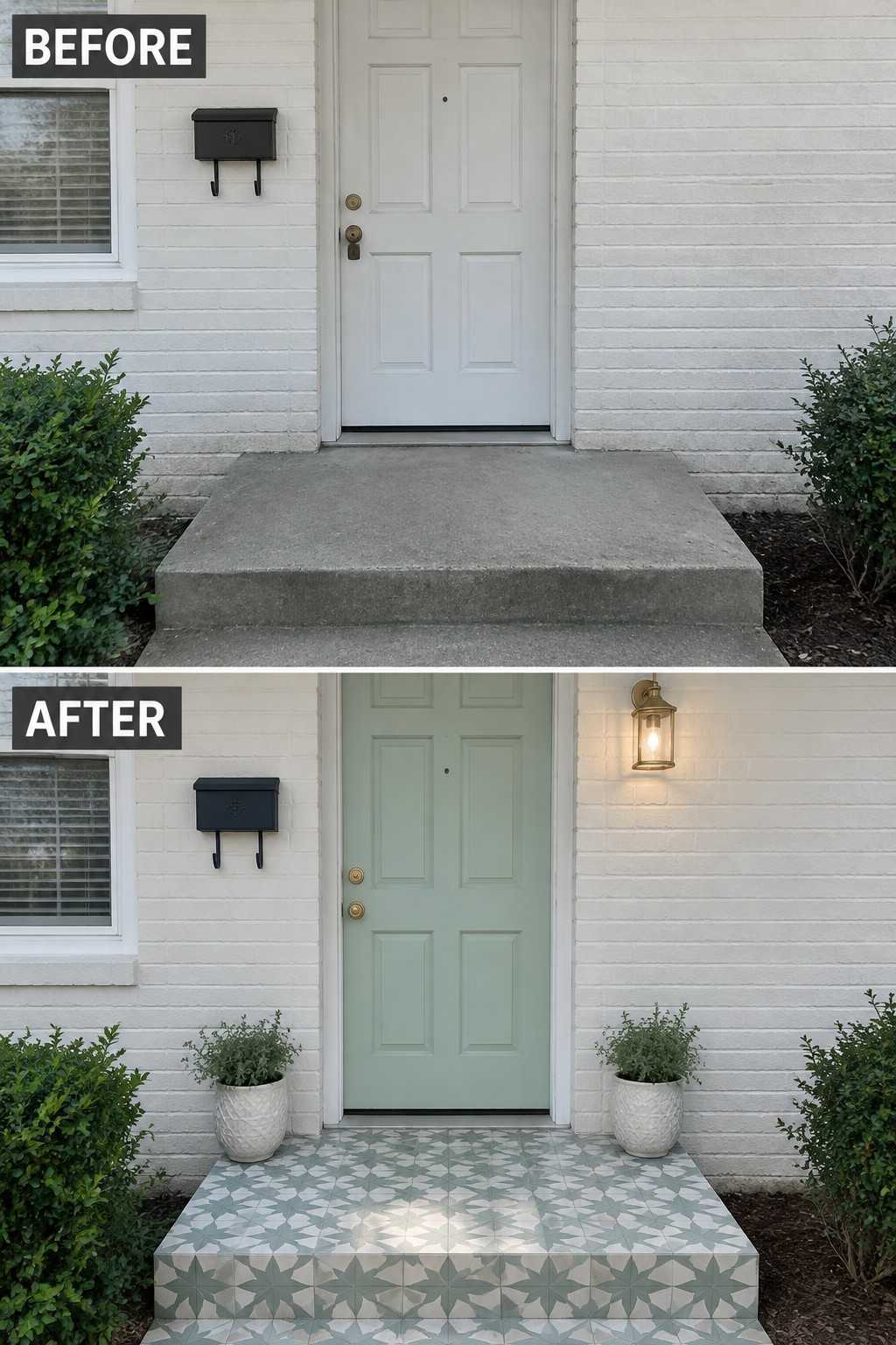 Before and after entry: white door to sage green with patterned tile steps