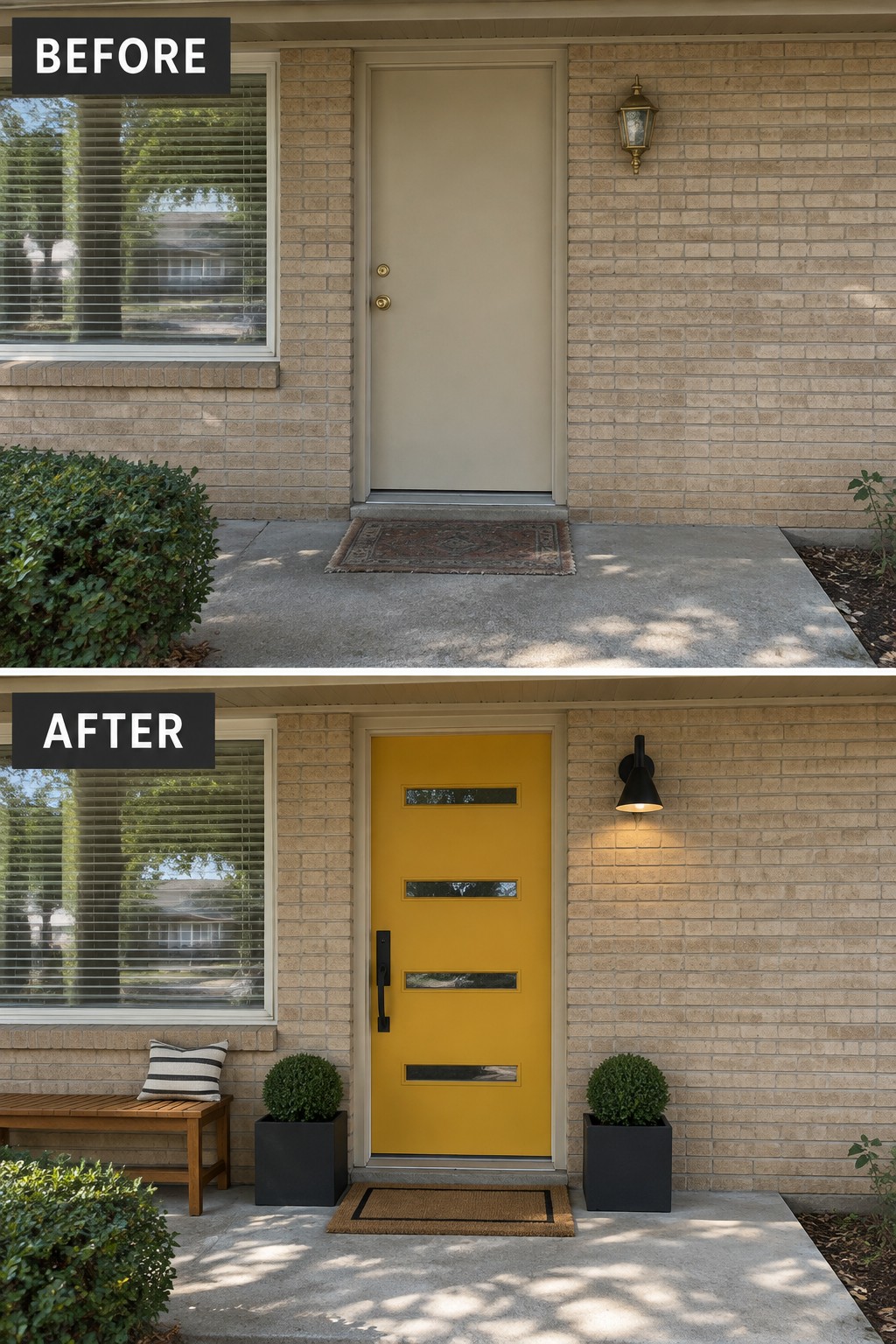 Before and after of beige front door updated to vibrant yellow with modern accents.