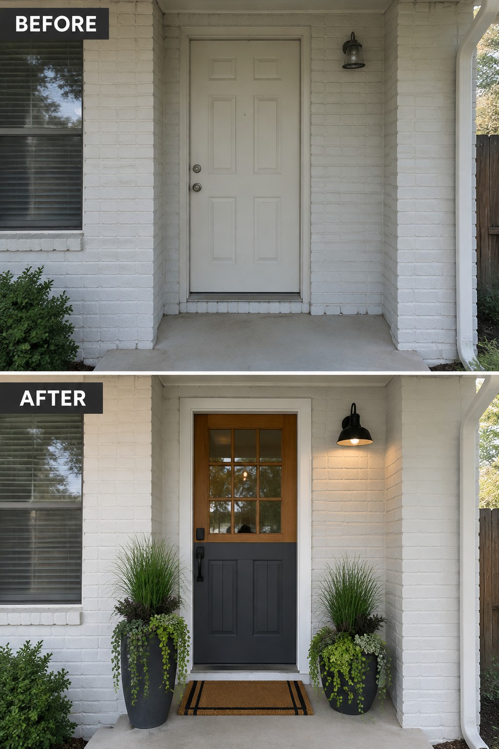 Before-and-after image of a white front door on a brick home updated with a two-tone door, black light fixture, doormat, and large planters on both sides.