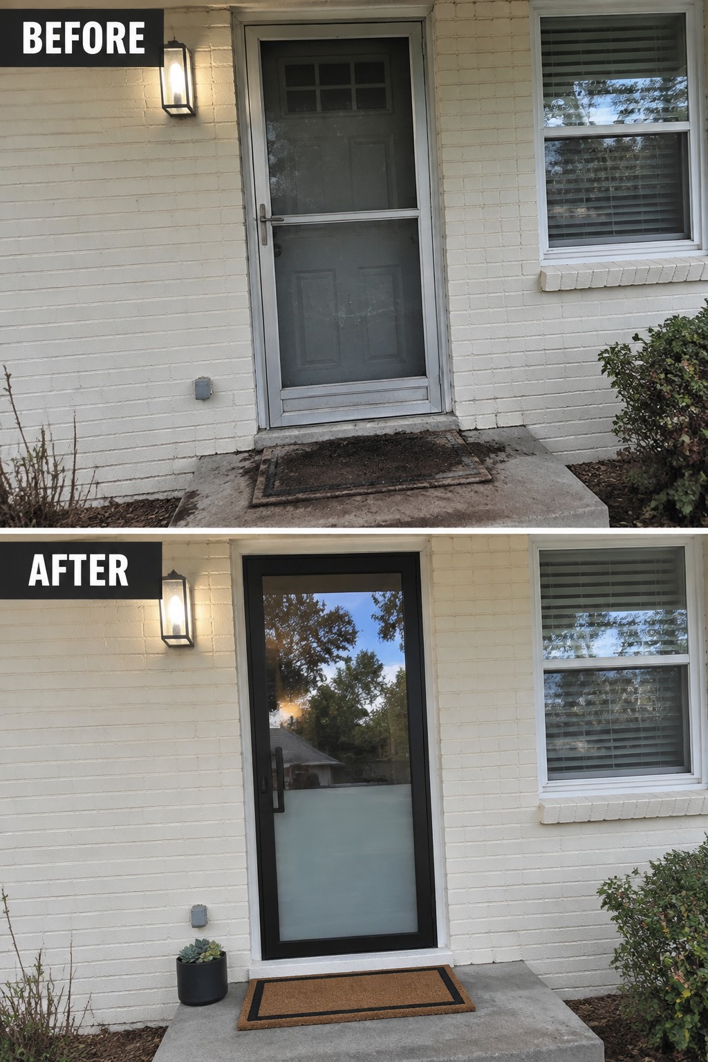 Before-and-after image of a front entry on a brick home where an old screen door is replaced with a modern black-framed glass door and a clean doormat.