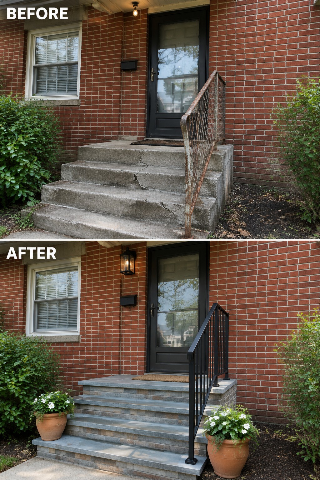Before and after brick house porch with new stone steps, black railing, and potted plants.