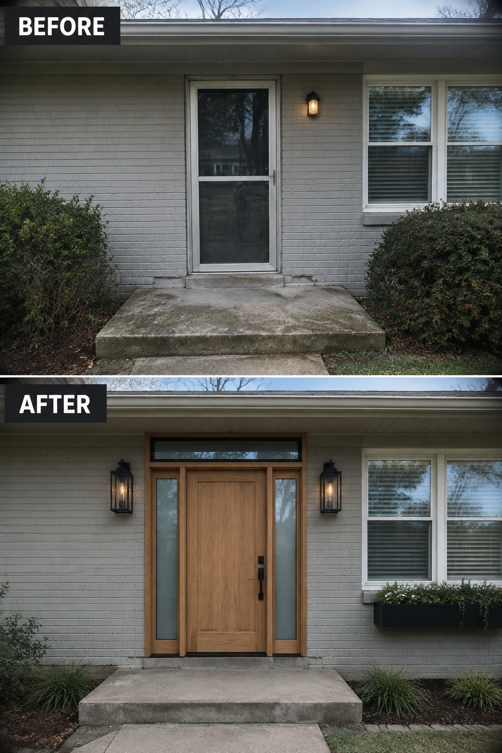 Before and after of gray brick house with new wooden door, sidelights, and lanterns