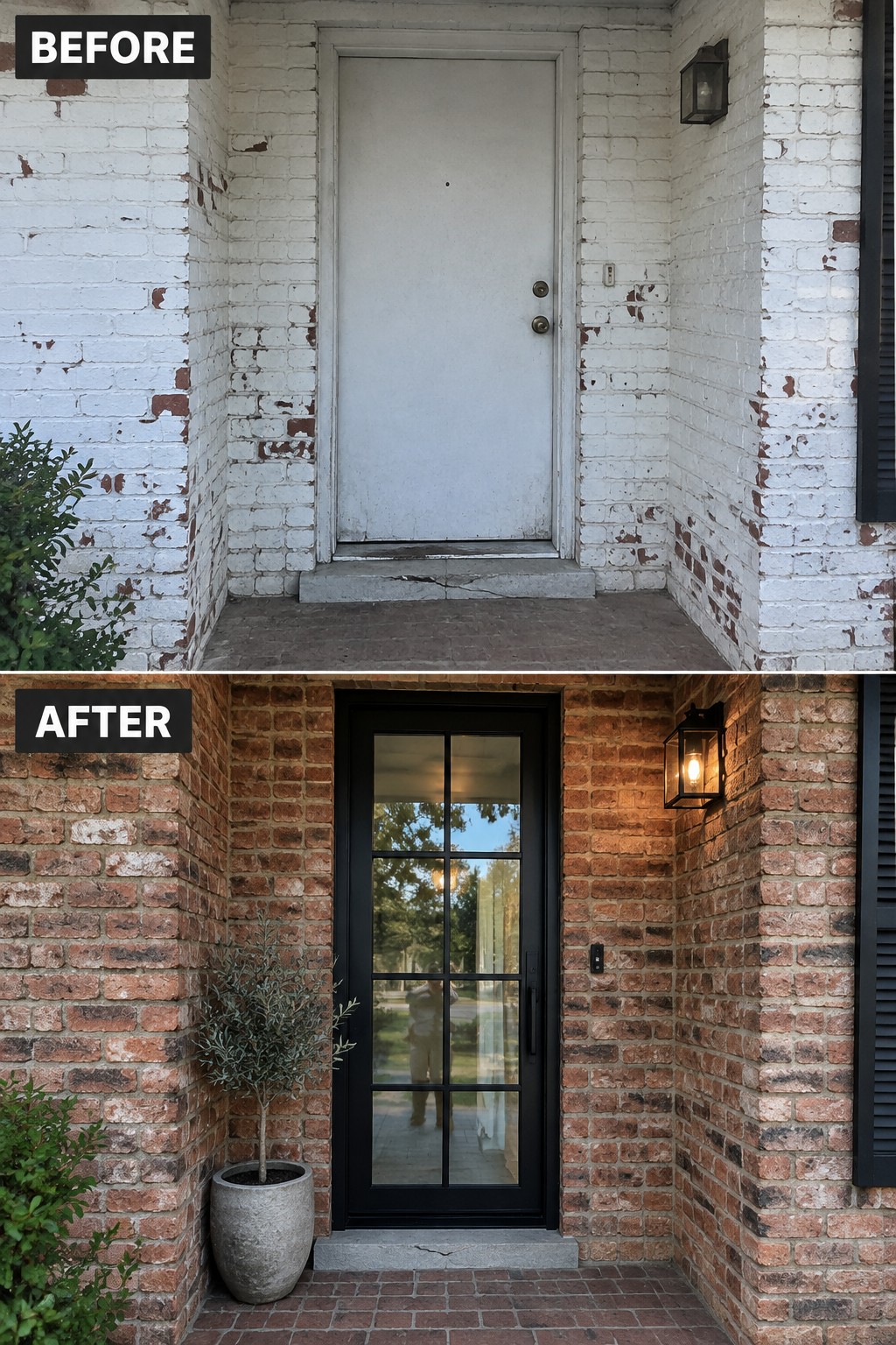 Before and after brick entry: peeling white paint restored to red with black door.