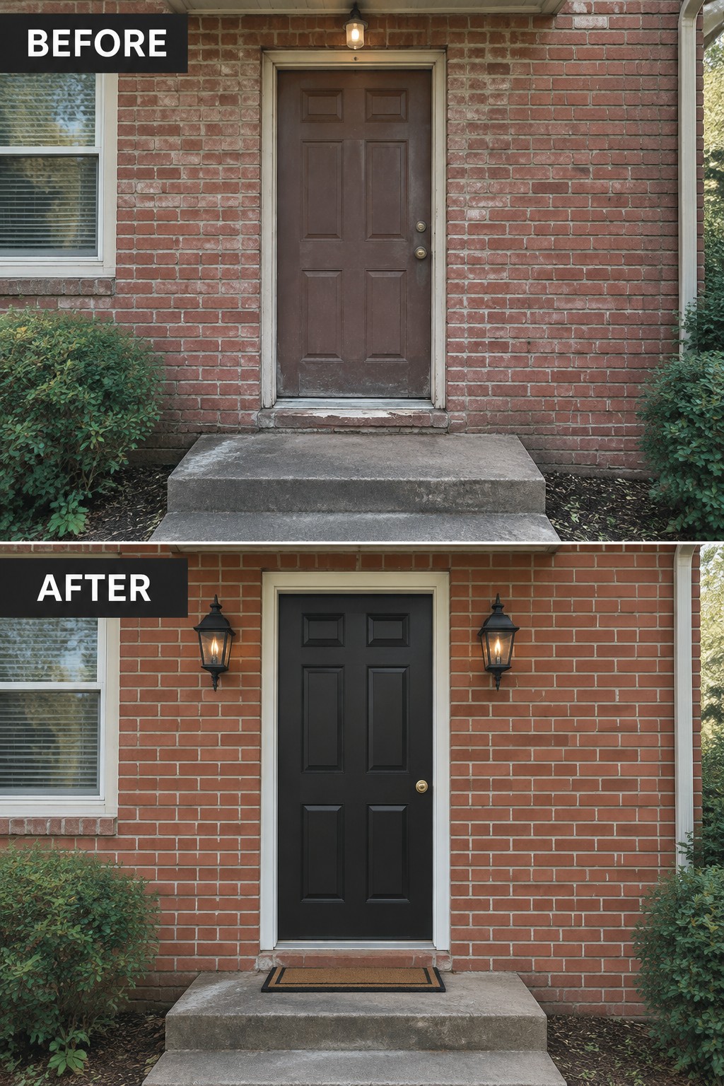 Before and after of brick house with brown door repainted black plus new lights and mat.