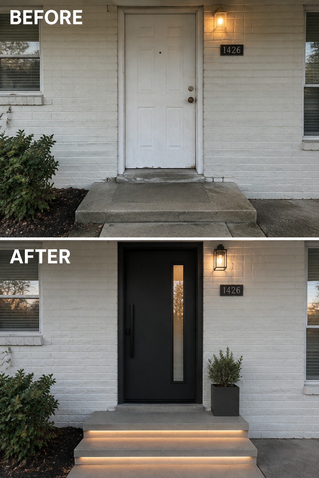 Before and after of white brick house entrance with new black door and lit steps