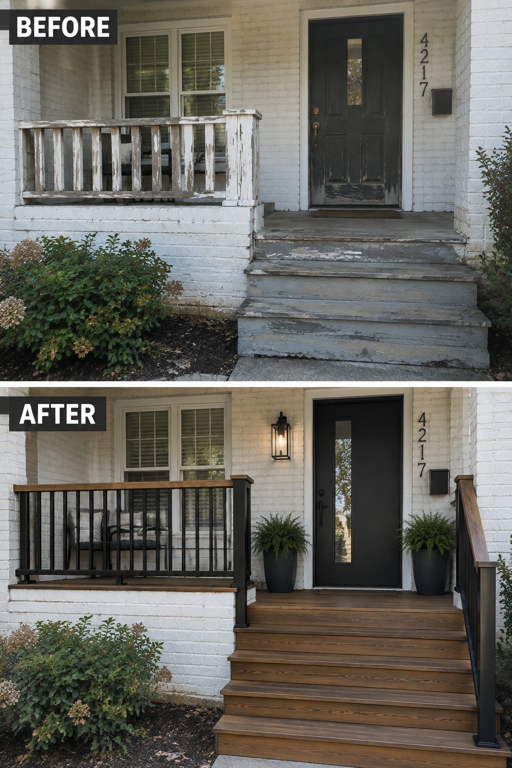 Before and after porch renovation with new wood steps, black railings, and updated door.