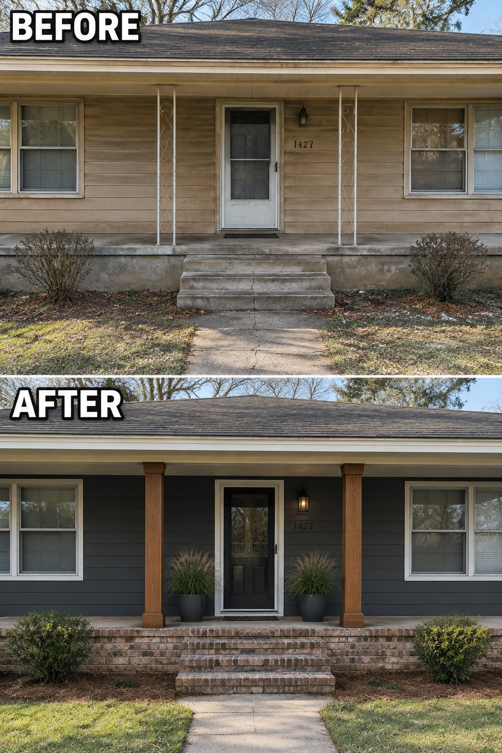 Before and after house exterior with beige-to-gray siding, new porch, brick steps, and landscaping.