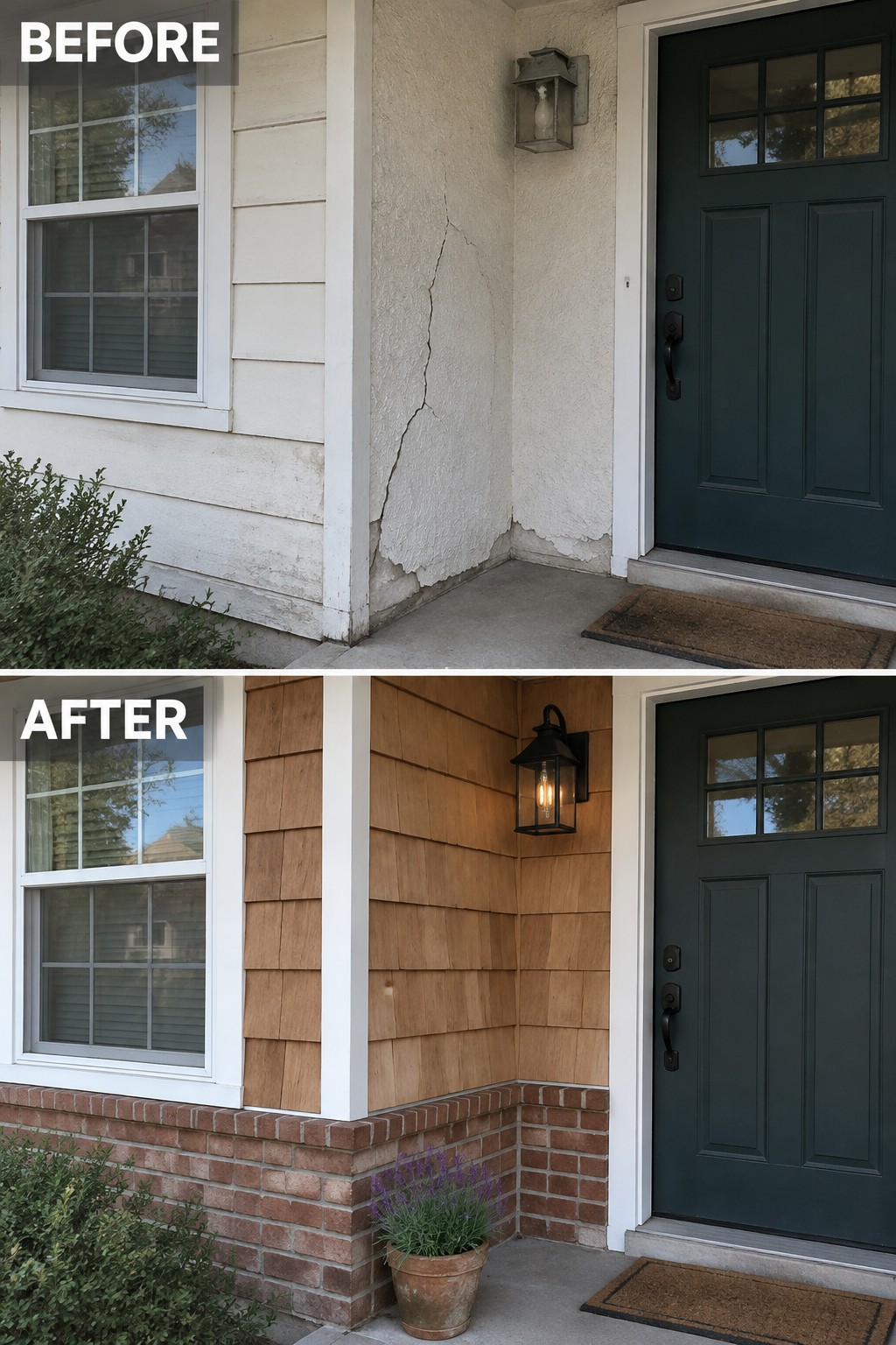 Before and after of home entrance with cracked stucco wall repaired by wood shingles and brick