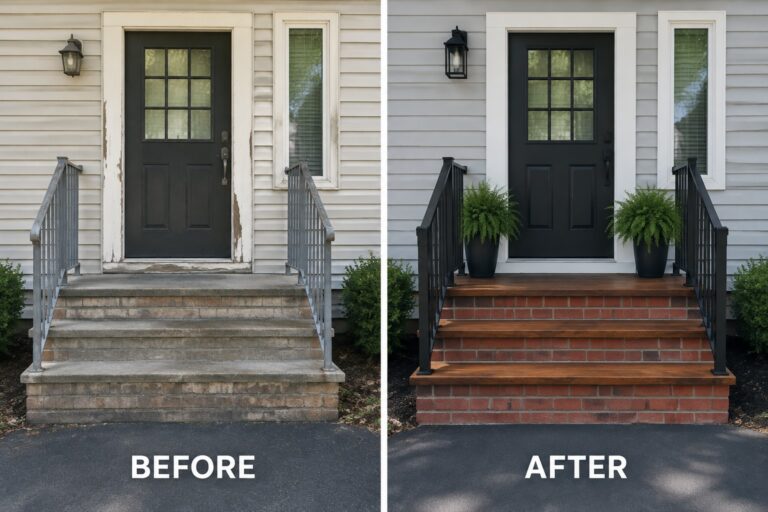 Before-and-after porch renovation showing new wood stairs, black railings, and gray paint.
