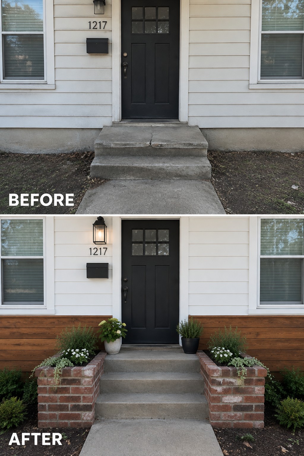 Before and after of house entrance with black door, steps, and brick planters with flowers.