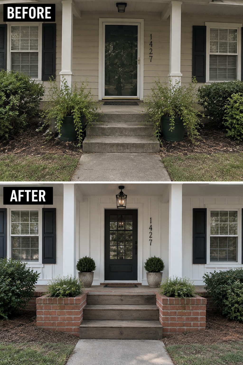 Before and after porch renovation featuring new black door, steps, and brick planters