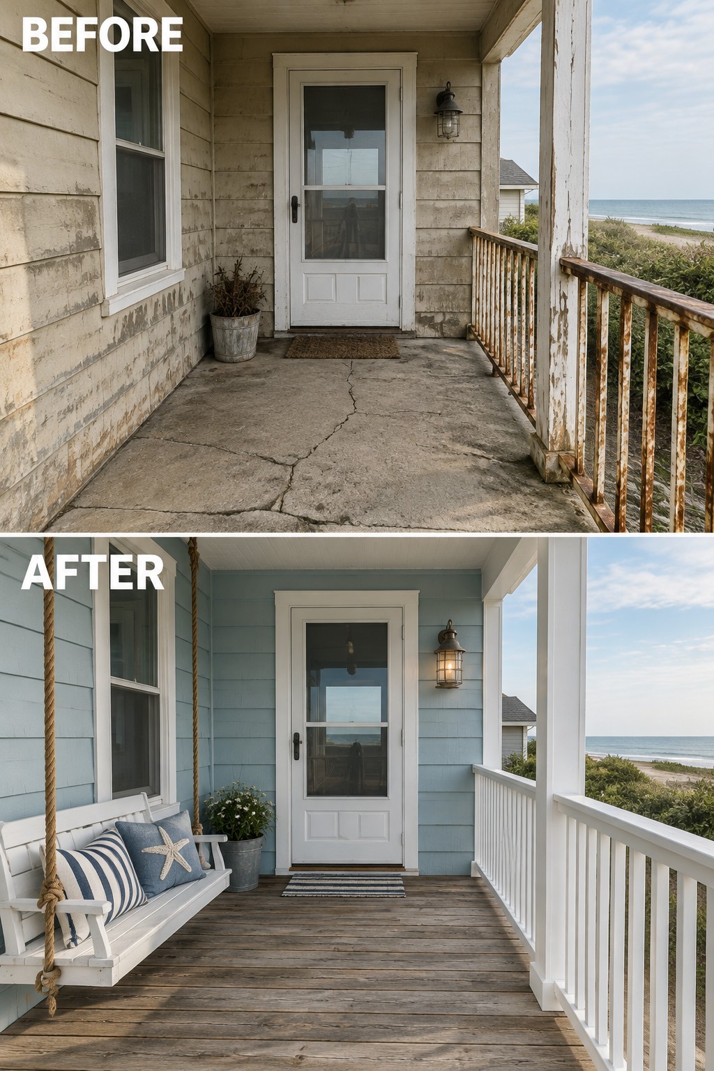 Before-and-after beach porch renovation: cracked concrete to wooden deck with swing