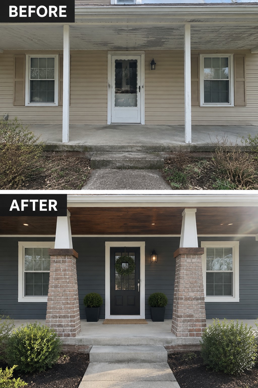 Before and after house porch renovation with new brick columns, black door, and landscaping.