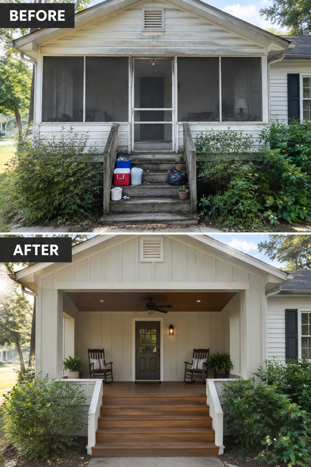 Before and after porch renovation from cluttered screen to open wooden deck with chairs