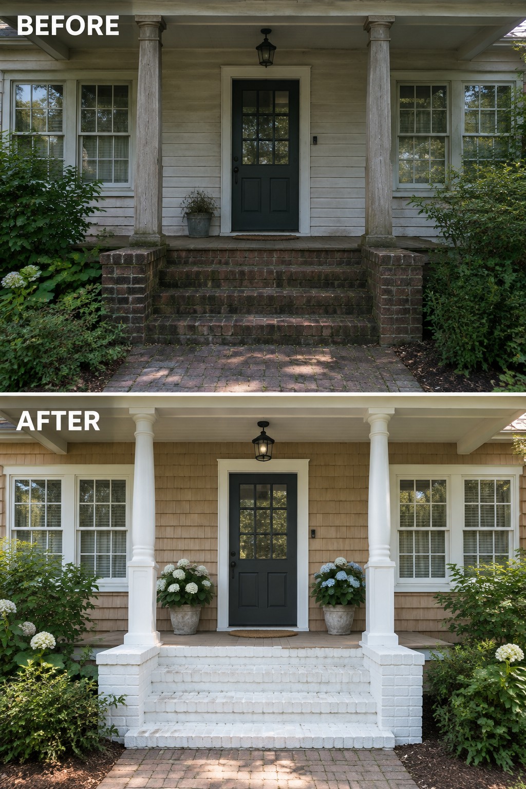Before-and-after porch renovation with dark door, white columns, and painted brick steps.