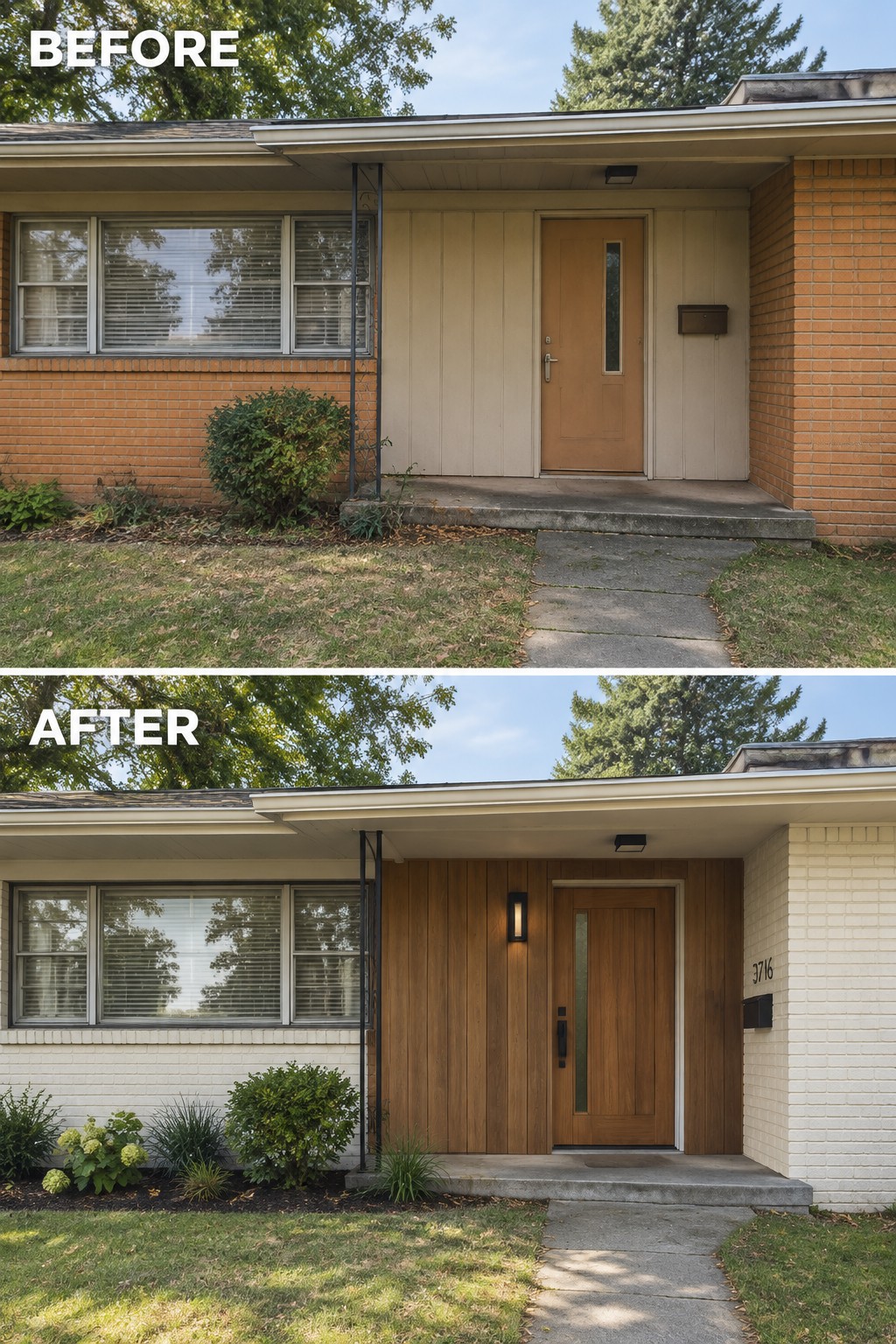Before-and-after image of a brick house front entry updated with vertical wood siding, a new door, and added landscaping.