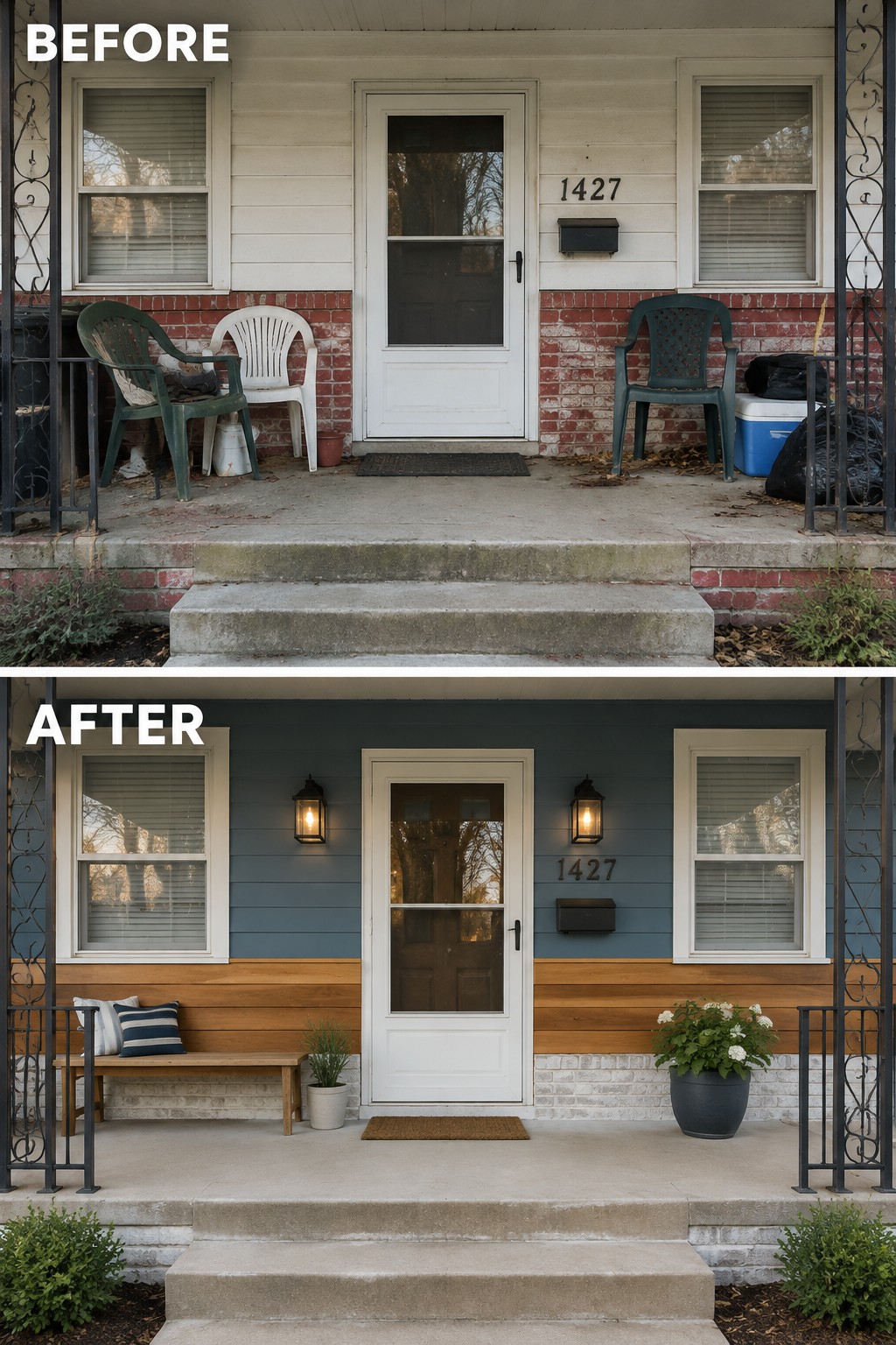 Before-and-after porch: cluttered plastic chairs above, blue siding and bench with plants below.
