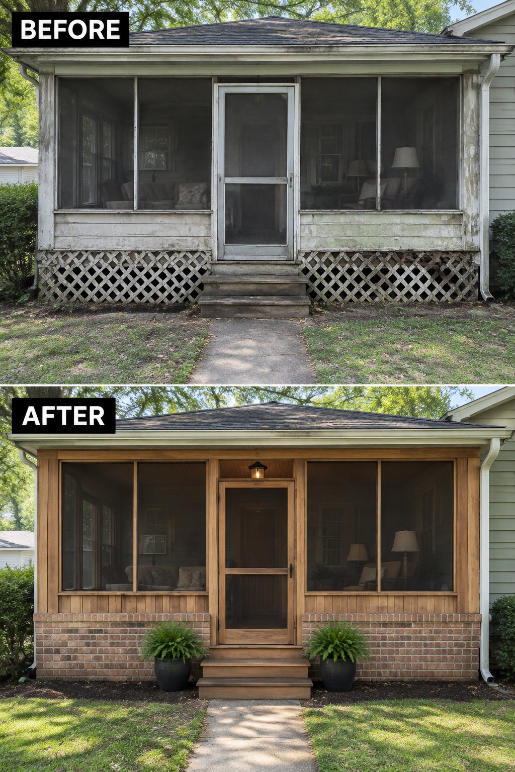Before-and-after views of a weathered screened porch renovated with wood siding, brick base, and ferns.