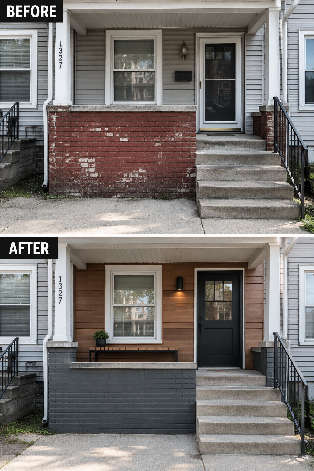 Before-and-after image of a front porch with red brick and gray siding updated to painted gray brick, brown wood siding, and a black door.