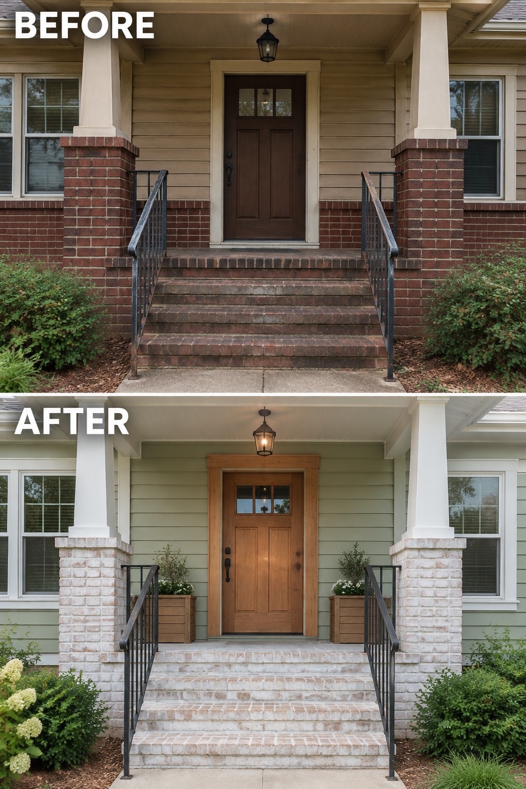 Before-and-after image of a front porch with updated green siding, white columns, a natural wood door, light stone bases, and added planters.